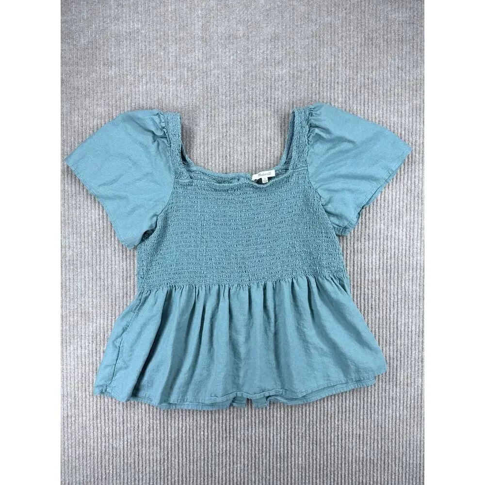 Madewell Lucie Linen Blend Smocked Peplum Top Faded Shale Green Size M